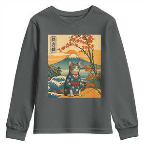 Japanese Ukiyo E Cat Kimono Youth Sweatshirt Mount Fuji Cherry Blossom Vintage Gift TS12 Dark Heather Print Your Wear