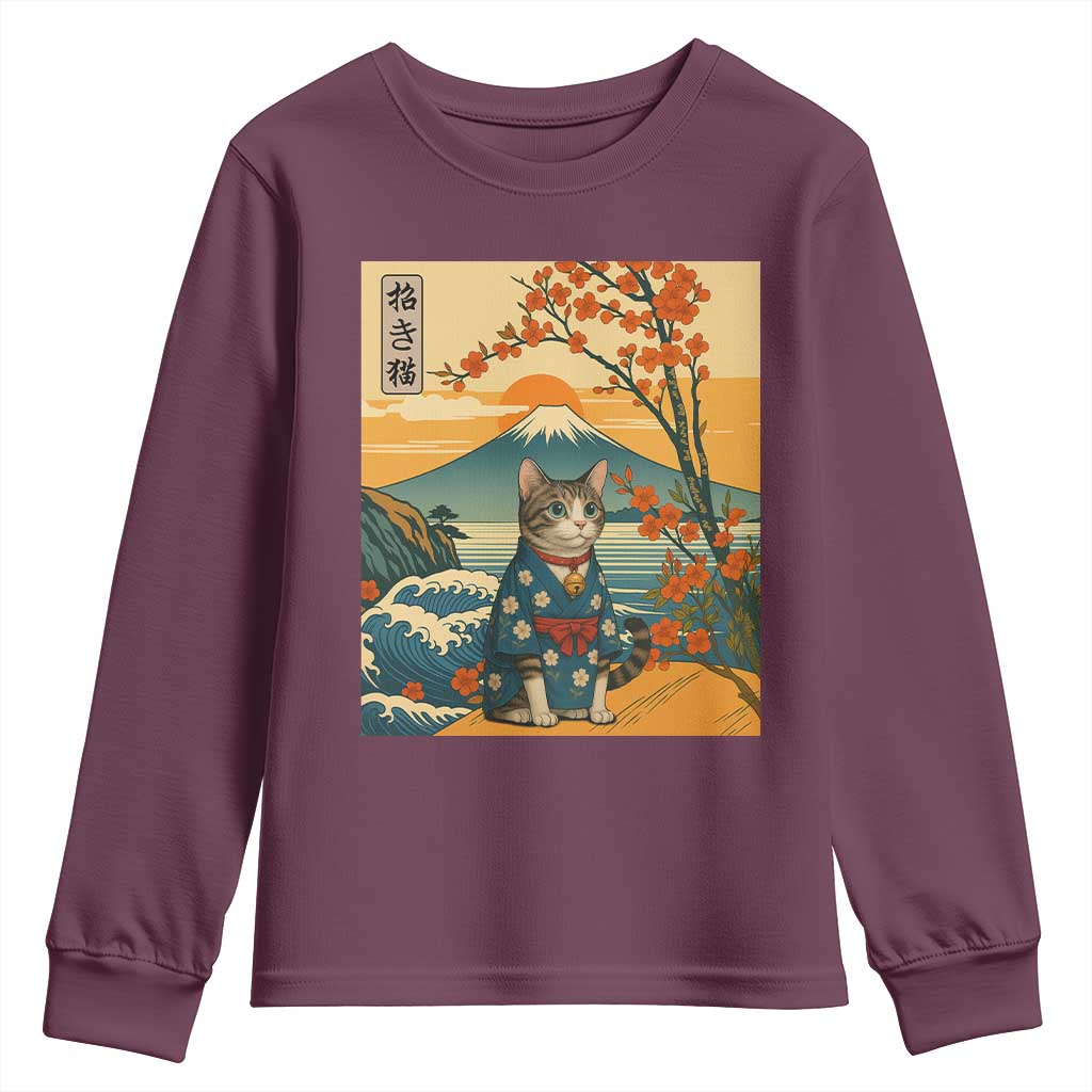 Japanese Ukiyo E Cat Kimono Youth Sweatshirt Mount Fuji Cherry Blossom Vintage Gift TS12 Maroon Print Your Wear