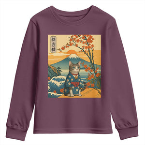 Japanese Ukiyo E Cat Kimono Youth Sweatshirt Mount Fuji Cherry Blossom Vintage Gift TS12 Maroon Print Your Wear