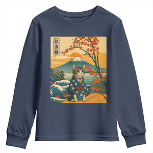 Japanese Ukiyo E Cat Kimono Youth Sweatshirt Mount Fuji Cherry Blossom Vintage Gift TS12 Navy Print Your Wear