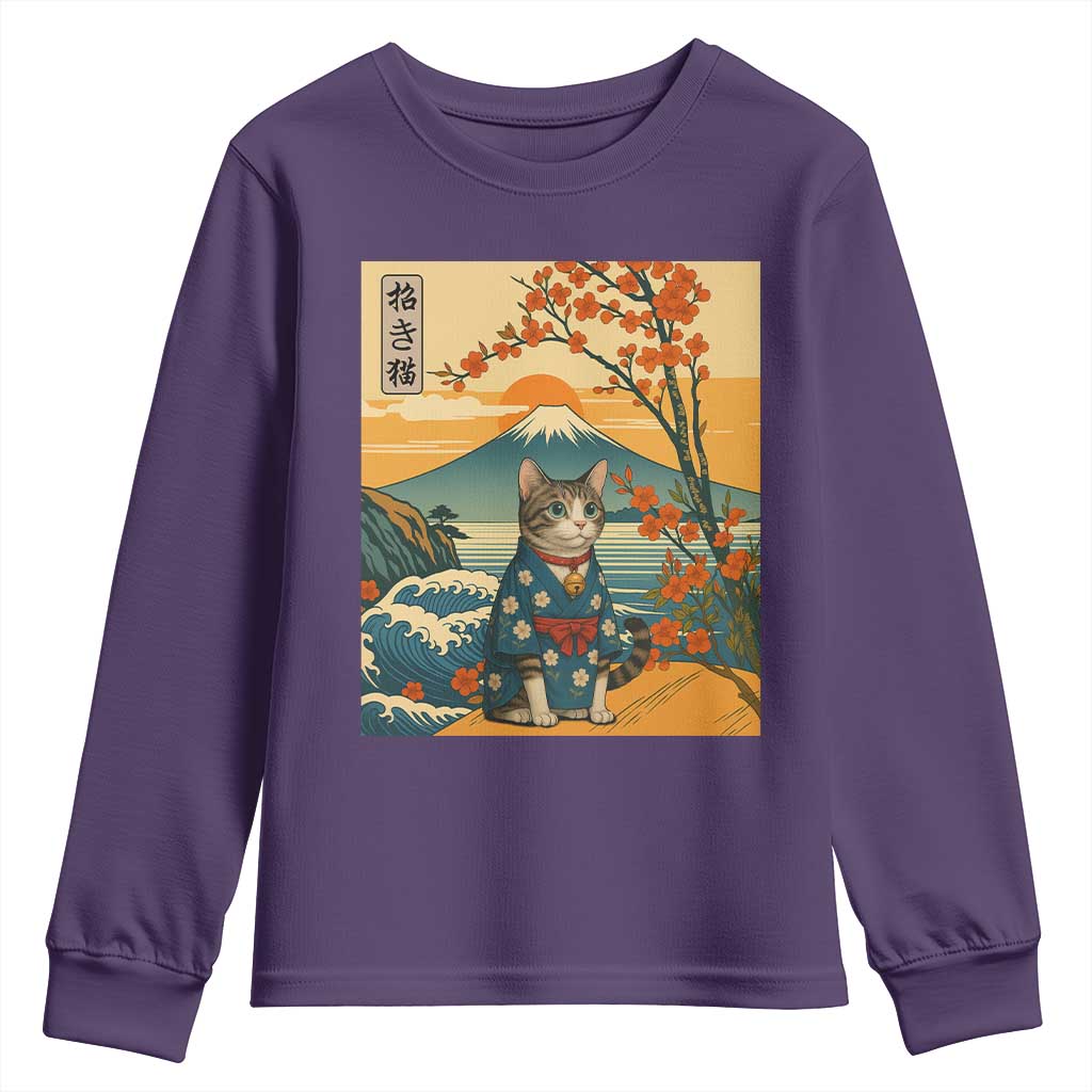 Japanese Ukiyo E Cat Kimono Youth Sweatshirt Mount Fuji Cherry Blossom Vintage Gift TS12 Purple Print Your Wear