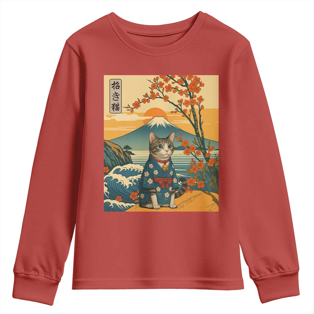 Japanese Ukiyo E Cat Kimono Youth Sweatshirt Mount Fuji Cherry Blossom Vintage Gift TS12 Red Print Your Wear