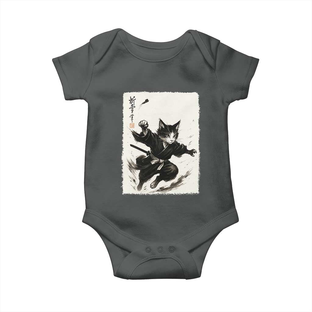 Samurai Cat Baby Onesie Japanese Sumie Cat Warrior Art TS12 Dark Heather Print Your Wear