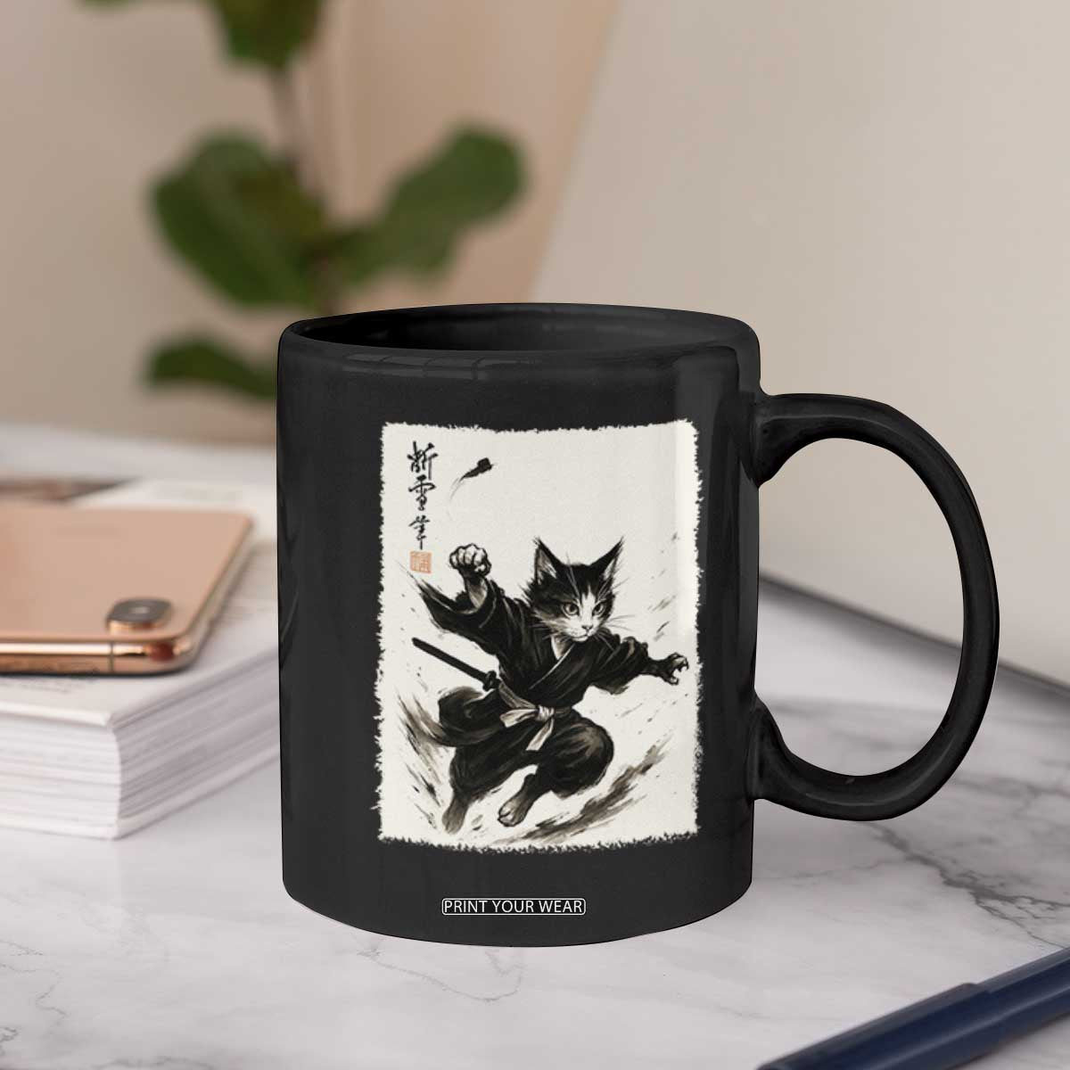 Samurai Cat Coffee Mug Japanese Sumie Cat Warrior Art TS12 Print Your Wear