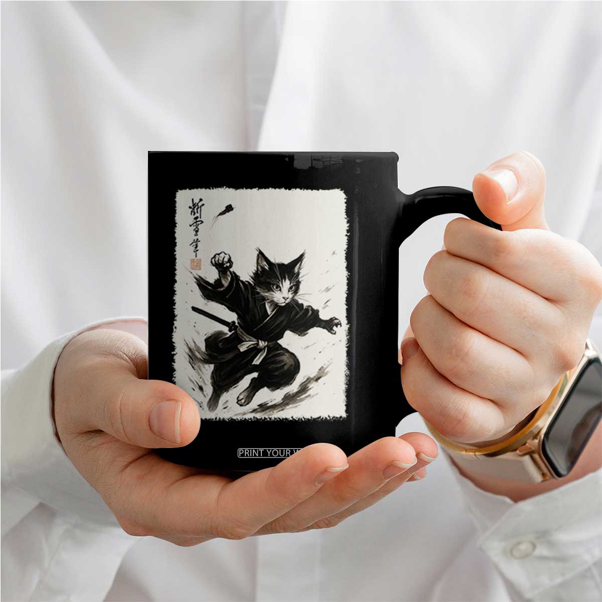 Samurai Cat Coffee Mug Japanese Sumie Cat Warrior Art TS12 Print Your Wear