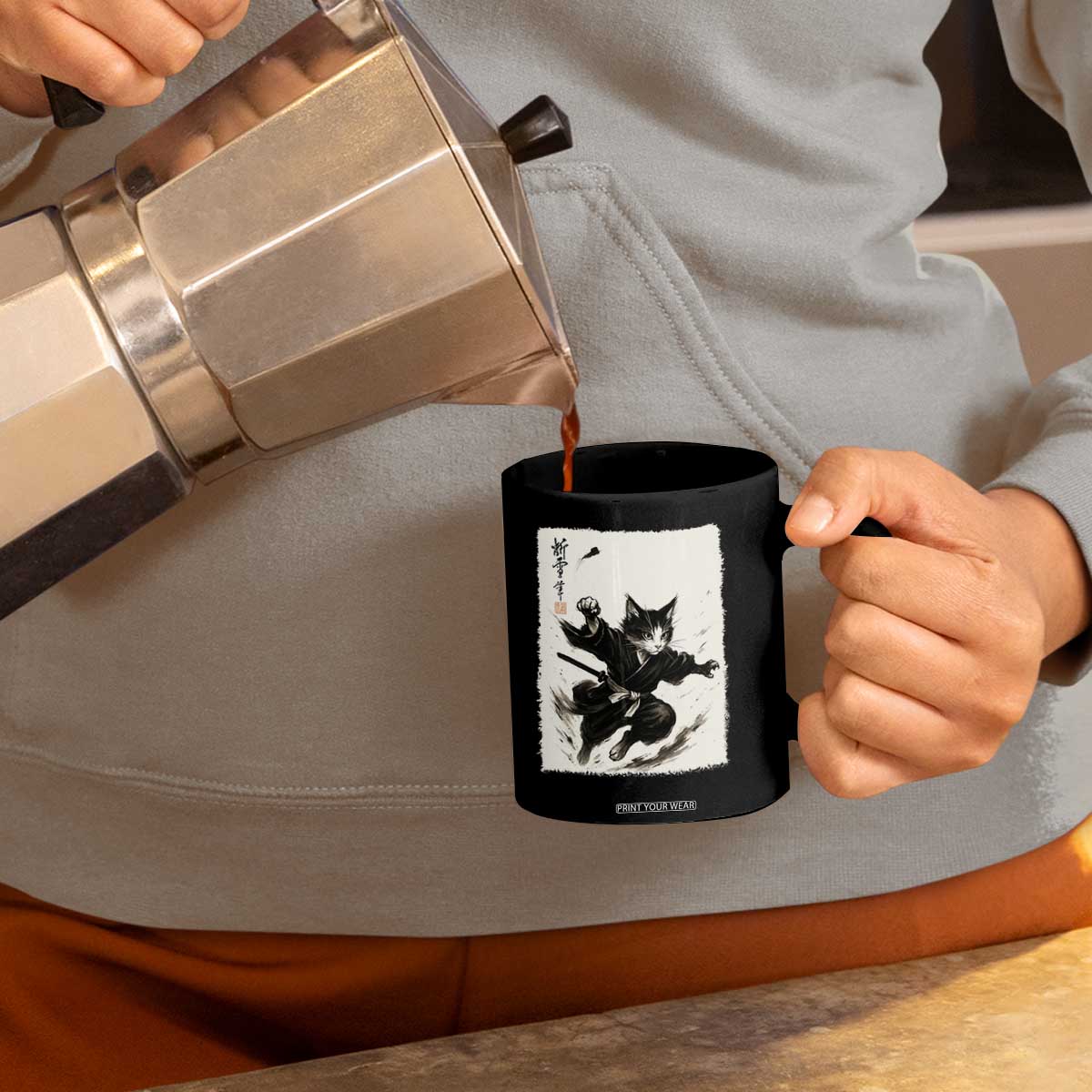 Samurai Cat Coffee Mug Japanese Sumie Cat Warrior Art TS12 Print Your Wear