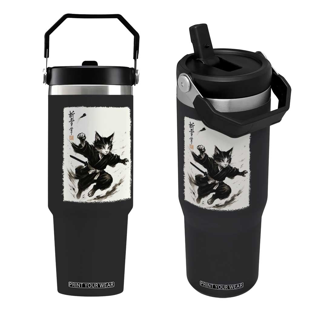 Samurai Cat Flip Straw Tumbler Japanese Sumie Cat Warrior Art TS12 One Size: 30 oz Black Print Your Wear