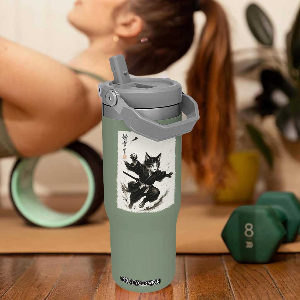 Samurai Cat Flip Straw Tumbler Japanese Sumie Cat Warrior Art TS12 One Size: 30 oz Moss Green Print Your Wear