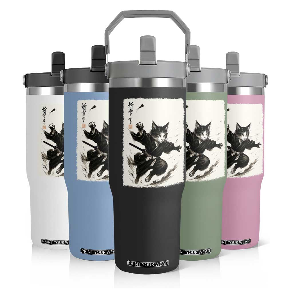 Samurai Cat Flip Straw Tumbler Japanese Sumie Cat Warrior Art TS12 Print Your Wear
