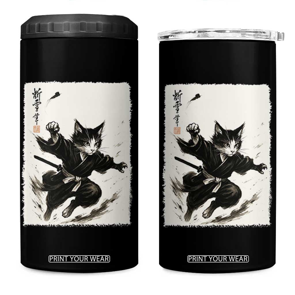 Samurai Cat 4 in 1 Can Cooler Tumbler Japanese Sumie Cat Warrior Art TS12 One Size: 16 oz Black Print Your Wear