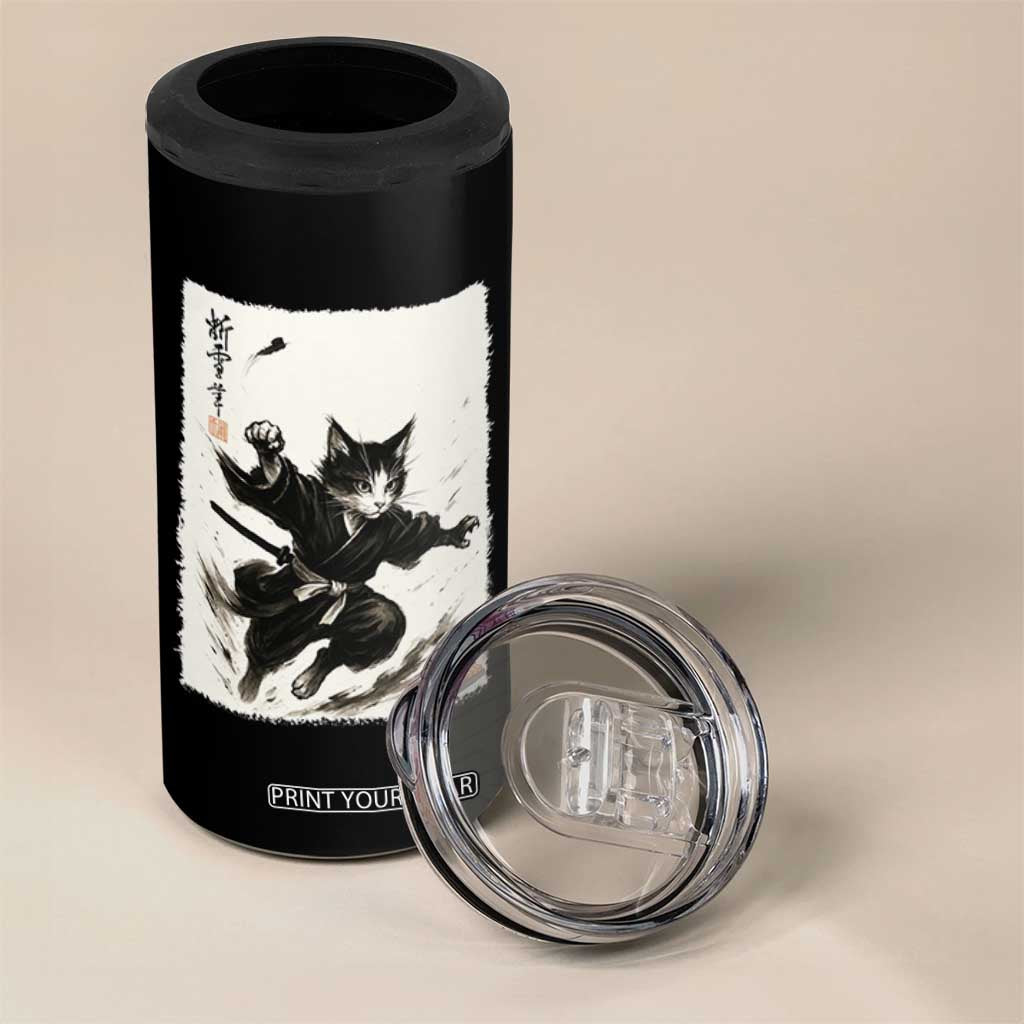 Samurai Cat 4 in 1 Can Cooler Tumbler Japanese Sumie Cat Warrior Art TS12 Print Your Wear