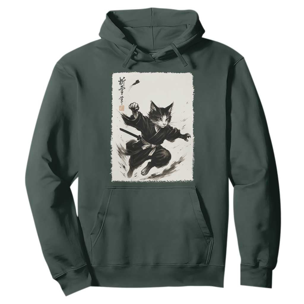 Samurai Cat Hoodie Japanese Sumie Cat Warrior Art TS12 Dark Forest Green Print Your Wear