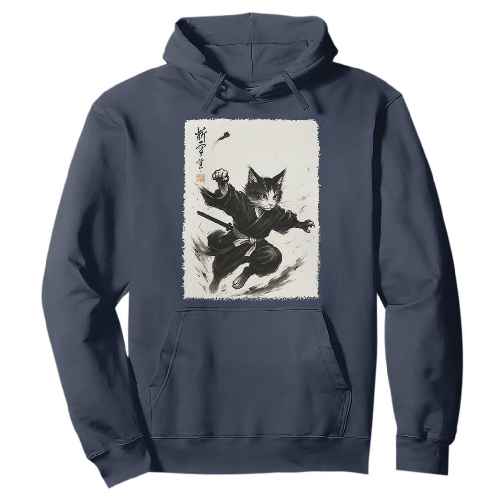 Samurai Cat Hoodie Japanese Sumie Cat Warrior Art TS12 Navy Print Your Wear