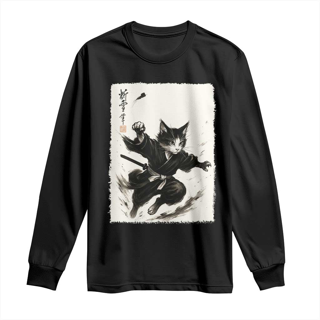 Samurai Cat Long Sleeve Shirt Japanese Sumie Cat Warrior Art TS12 Black Print Your Wear