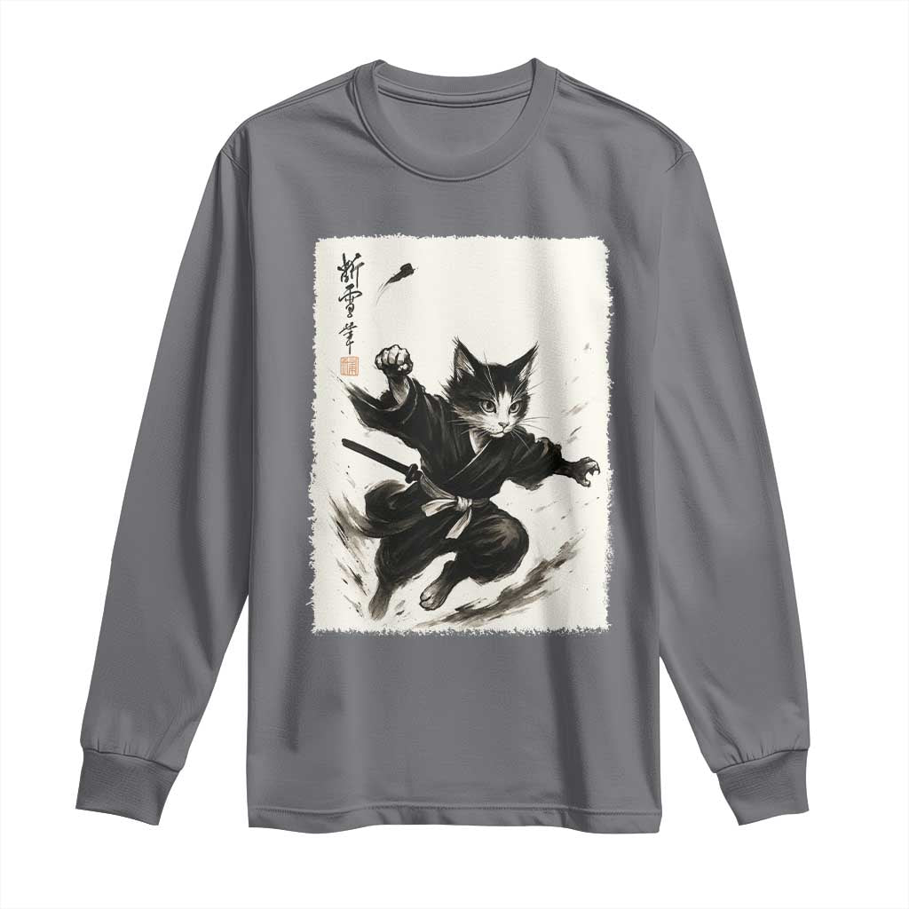 Samurai Cat Long Sleeve Shirt Japanese Sumie Cat Warrior Art TS12 Charcoal Print Your Wear