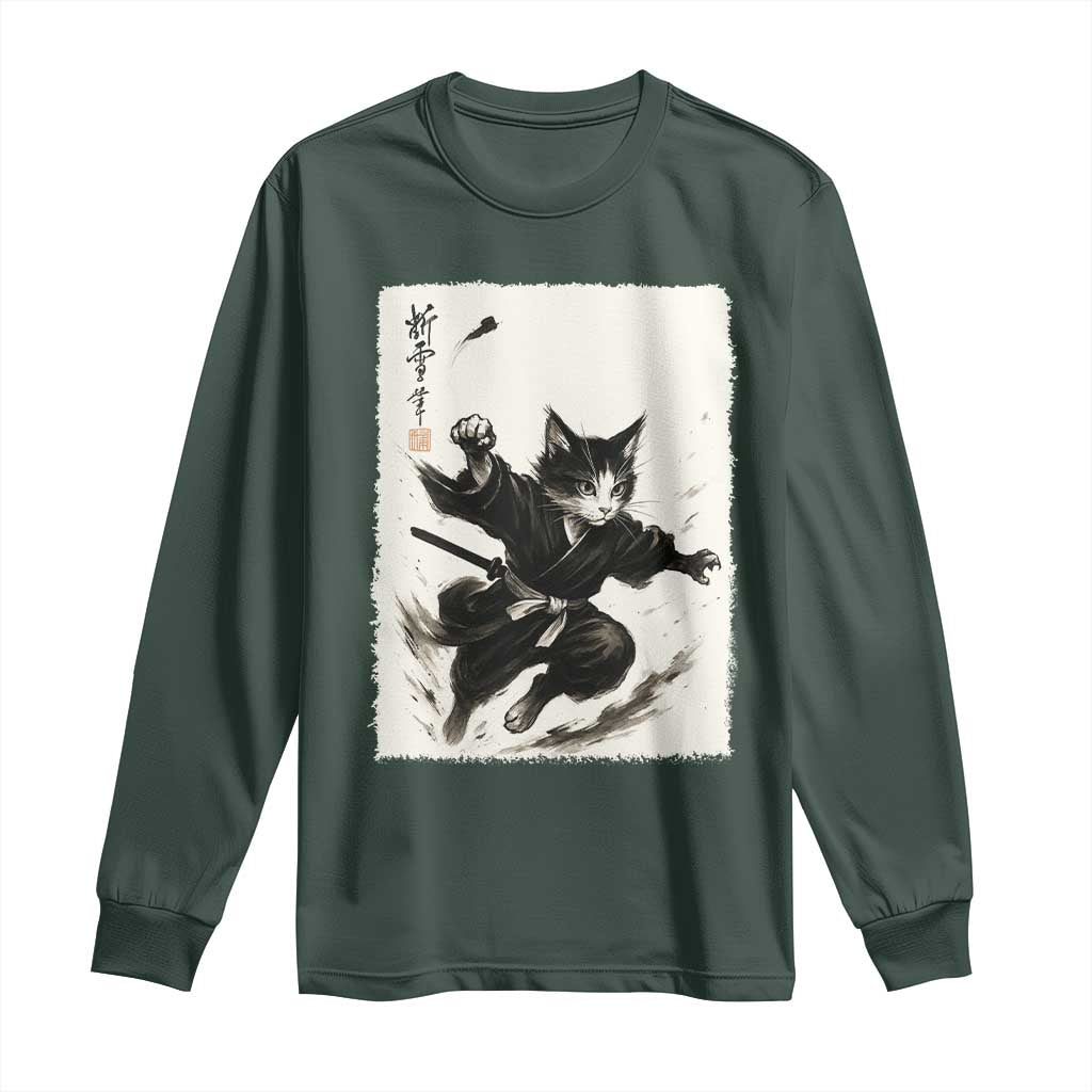 Samurai Cat Long Sleeve Shirt Japanese Sumie Cat Warrior Art TS12 Dark Forest Green Print Your Wear