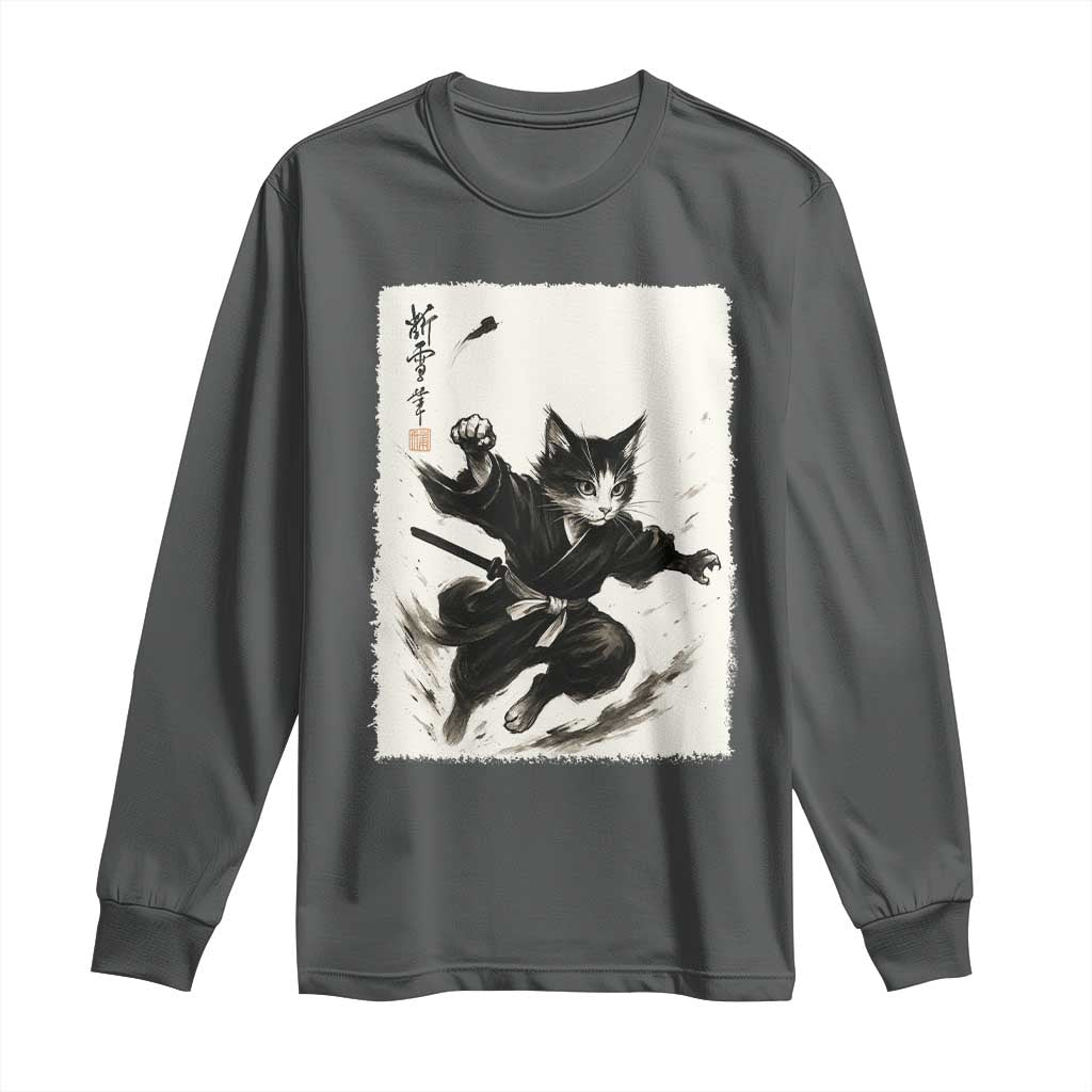 Samurai Cat Long Sleeve Shirt Japanese Sumie Cat Warrior Art TS12 Dark Heather Print Your Wear
