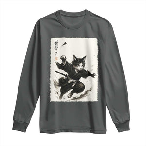 Samurai Cat Long Sleeve Shirt Japanese Sumie Cat Warrior Art TS12 Dark Heather Print Your Wear