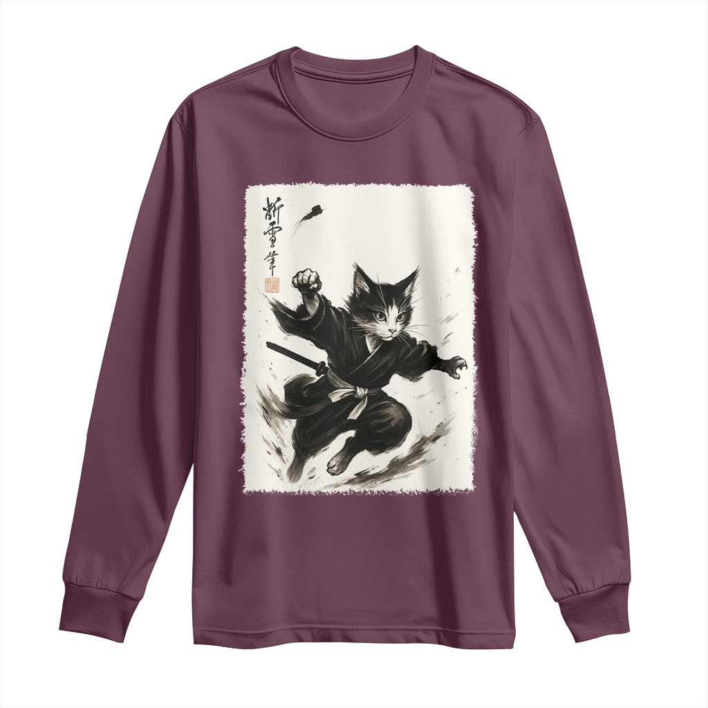 Samurai Cat Long Sleeve Shirt Japanese Sumie Cat Warrior Art TS12 Maroon Print Your Wear