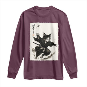 Samurai Cat Long Sleeve Shirt Japanese Sumie Cat Warrior Art TS12 Maroon Print Your Wear