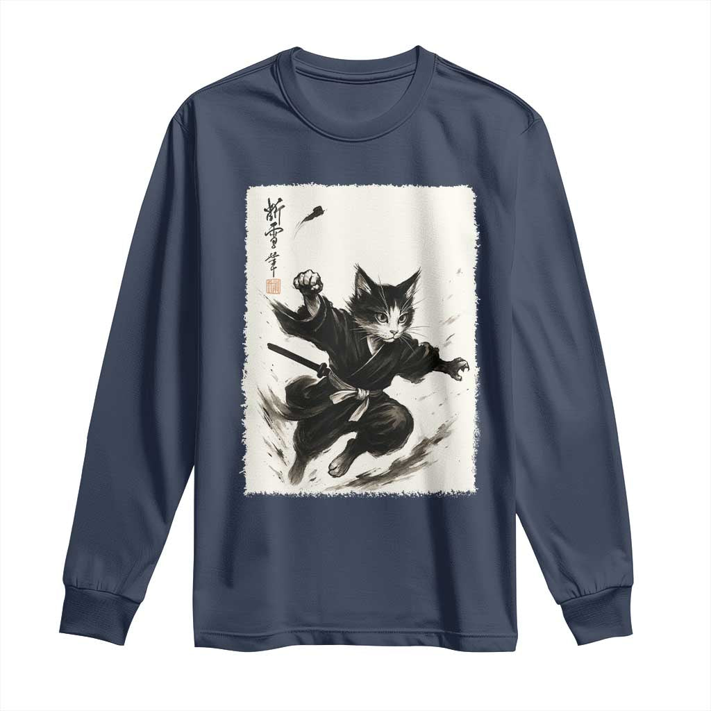 Samurai Cat Long Sleeve Shirt Japanese Sumie Cat Warrior Art TS12 Navy Print Your Wear