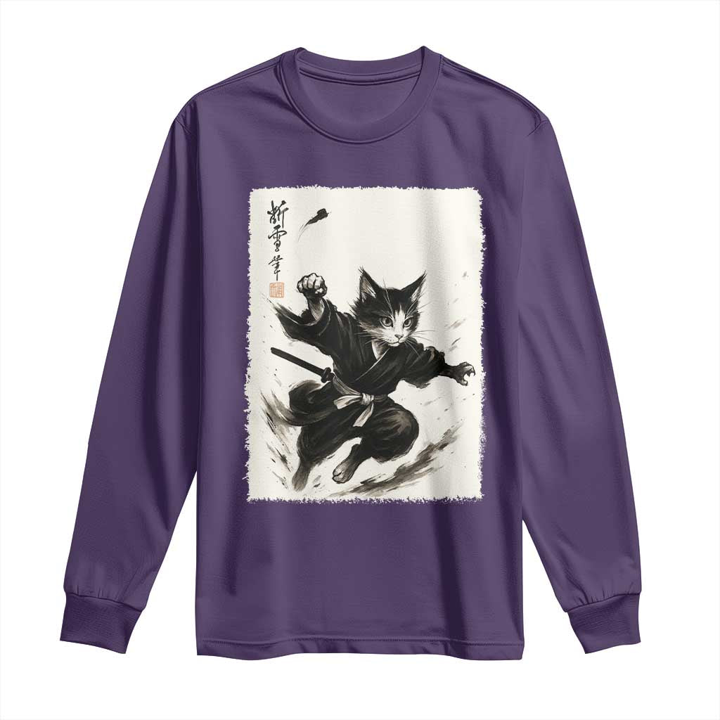 Samurai Cat Long Sleeve Shirt Japanese Sumie Cat Warrior Art TS12 Purple Print Your Wear