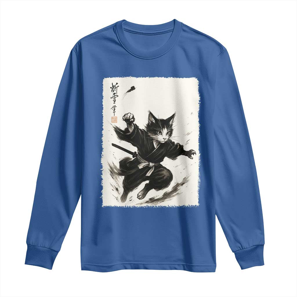Samurai Cat Long Sleeve Shirt Japanese Sumie Cat Warrior Art TS12 Royal Blue Print Your Wear
