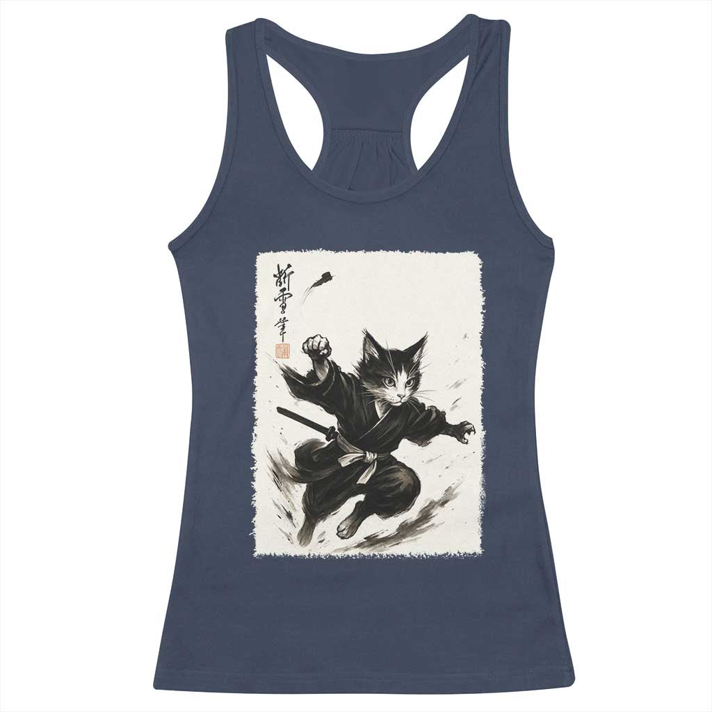 Samurai Cat Racerback Tank Top Japanese Sumie Cat Warrior Art TS12 Navy Print Your Wear