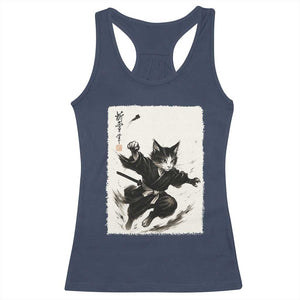 Samurai Cat Racerback Tank Top Japanese Sumie Cat Warrior Art TS12 Navy Print Your Wear