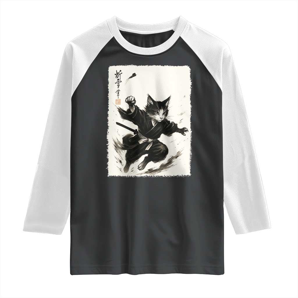 Samurai Cat Raglan Shirt Japanese Sumie Cat Warrior Art TS12 Black White Print Your Wear