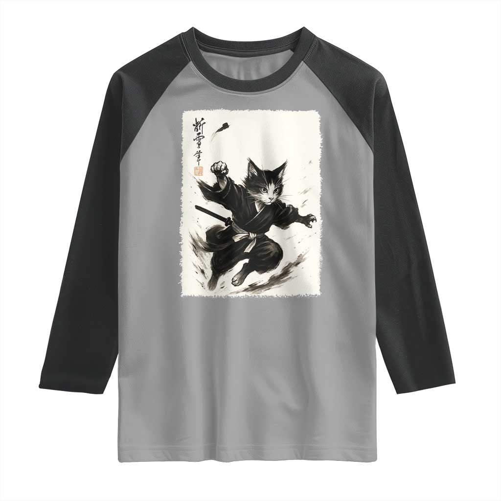 Samurai Cat Raglan Shirt Japanese Sumie Cat Warrior Art TS12 Sport Gray Black Print Your Wear