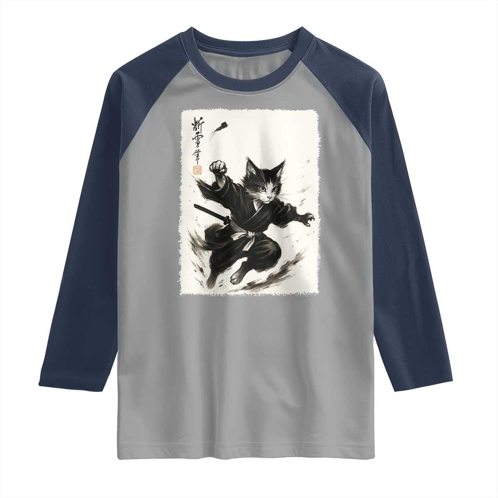 Samurai Cat Raglan Shirt Japanese Sumie Cat Warrior Art TS12 Sport Gray Navy Print Your Wear