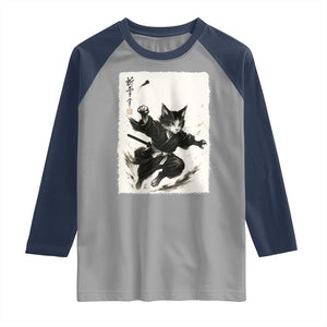 Samurai Cat Raglan Shirt Japanese Sumie Cat Warrior Art TS12 Sport Gray Navy Print Your Wear