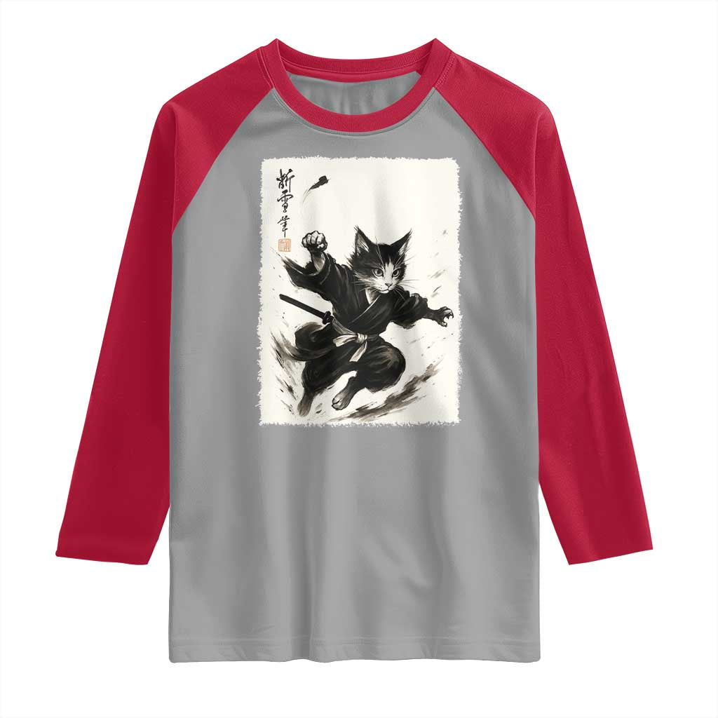 Samurai Cat Raglan Shirt Japanese Sumie Cat Warrior Art TS12 Sport Gray Red Print Your Wear