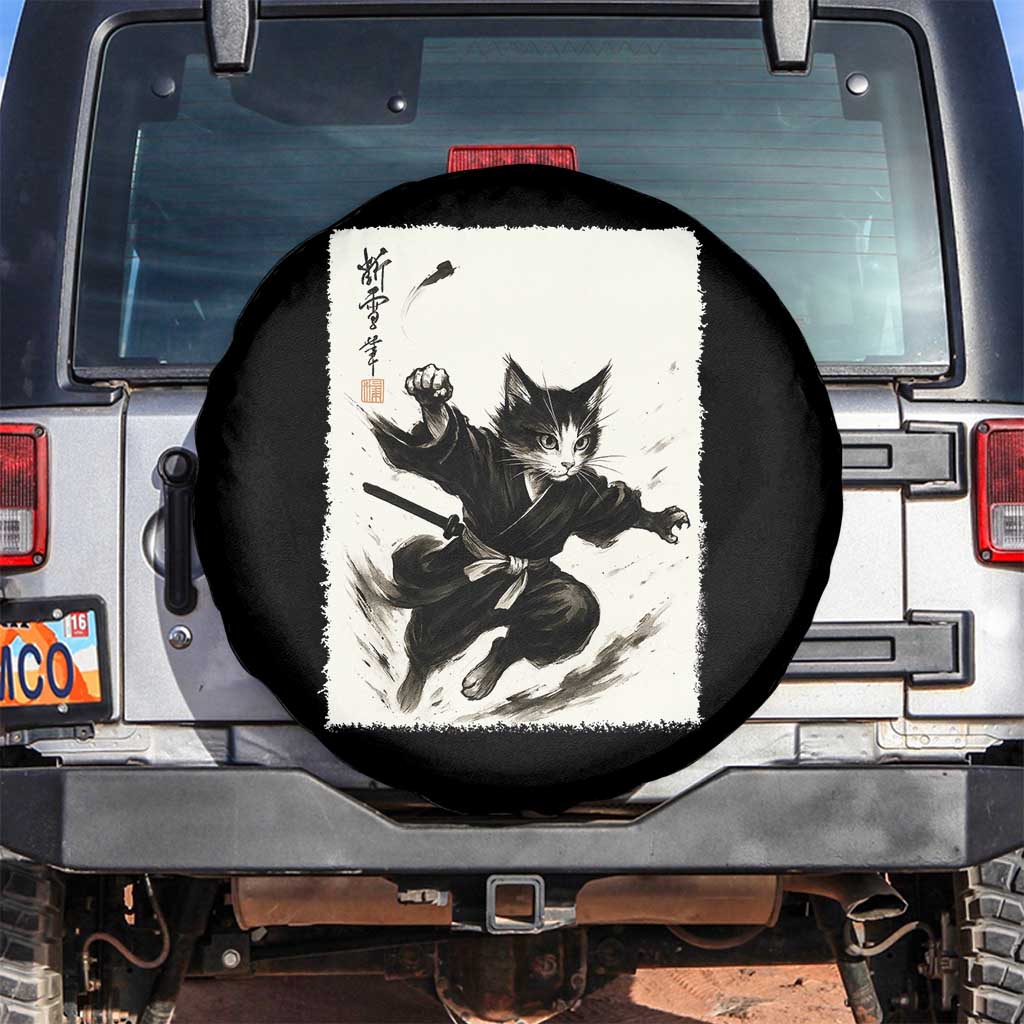 Samurai Cat Spare Tire Cover Japanese Sumie Cat Warrior Art TS12 No hole Black Print Your Wear