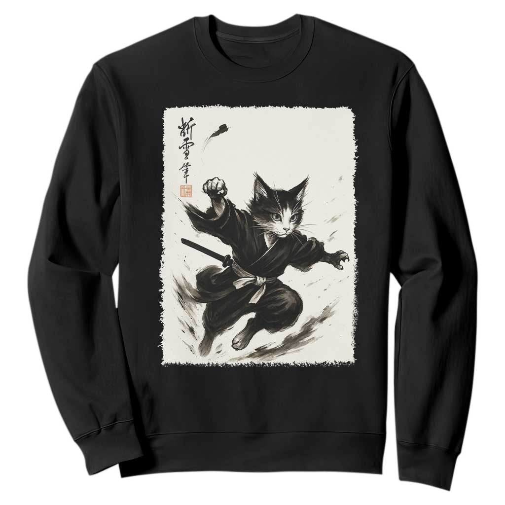 Samurai Cat Sweatshirt Japanese Sumie Cat Warrior Art TS12 Black Print Your Wear