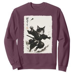 Samurai Cat Sweatshirt Japanese Sumie Cat Warrior Art TS12 Maroon Print Your Wear