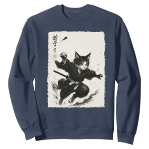 Samurai Cat Sweatshirt Japanese Sumie Cat Warrior Art TS12 Navy Print Your Wear