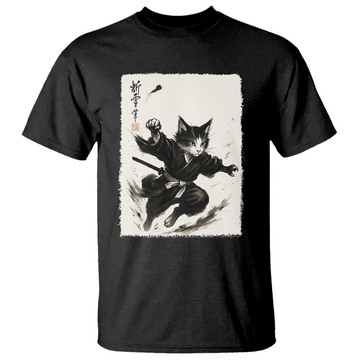 Samurai Cat T Shirt Japanese Sumie Cat Warrior Art TS12 Black Print Your Wear