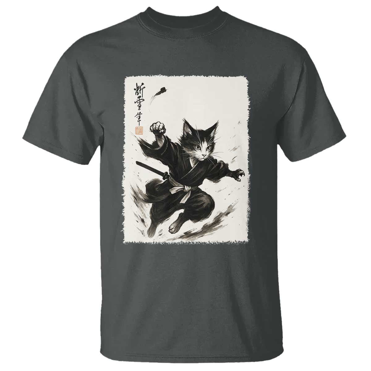 Samurai Cat T Shirt Japanese Sumie Cat Warrior Art TS12 Dark Heather Print Your Wear