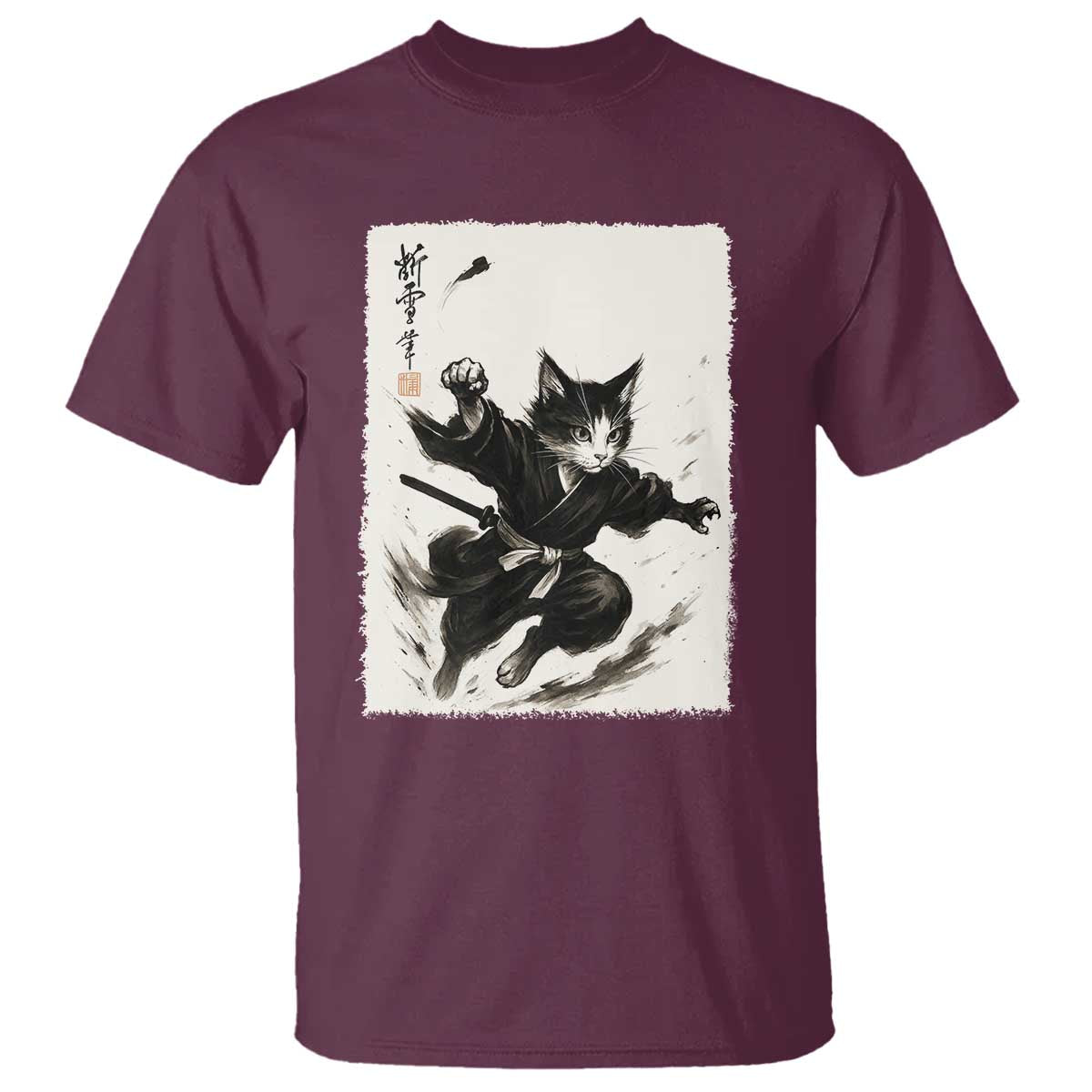 Samurai Cat T Shirt Japanese Sumie Cat Warrior Art TS12 Maroon Print Your Wear