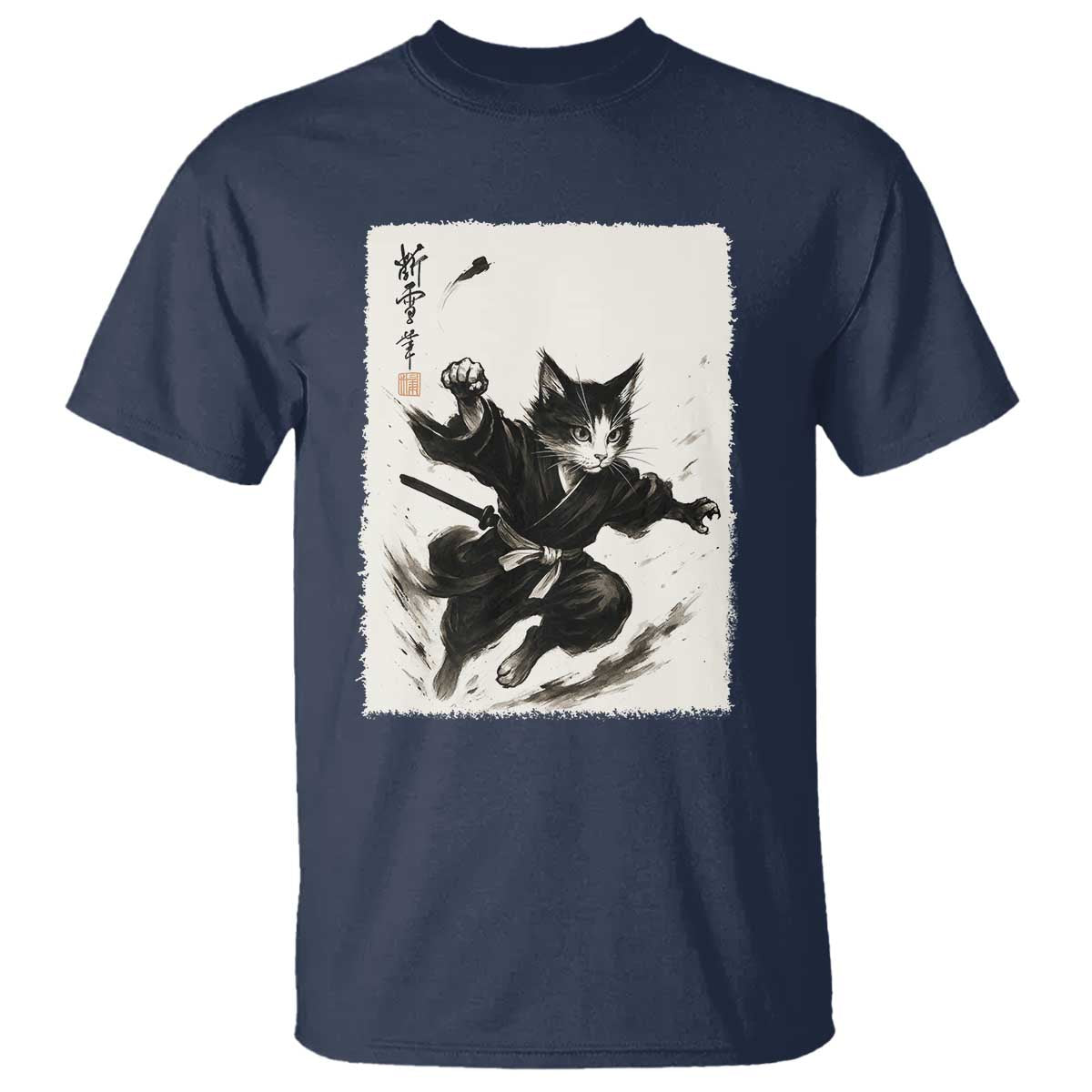 Samurai Cat T Shirt Japanese Sumie Cat Warrior Art TS12 Navy Print Your Wear