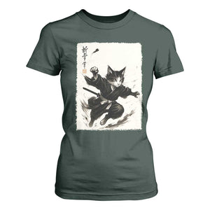 Samurai Cat T Shirt For Women Japanese Sumie Cat Warrior Art TS12 Dark Forest Green Print Your Wear