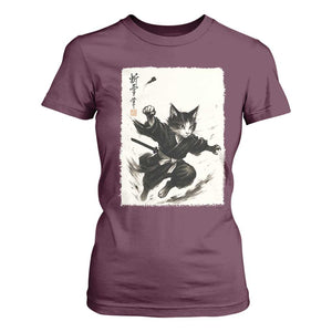 Samurai Cat T Shirt For Women Japanese Sumie Cat Warrior Art TS12 Maroon Print Your Wear