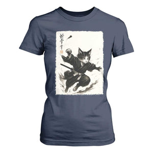 Samurai Cat T Shirt For Women Japanese Sumie Cat Warrior Art TS12 Navy Print Your Wear