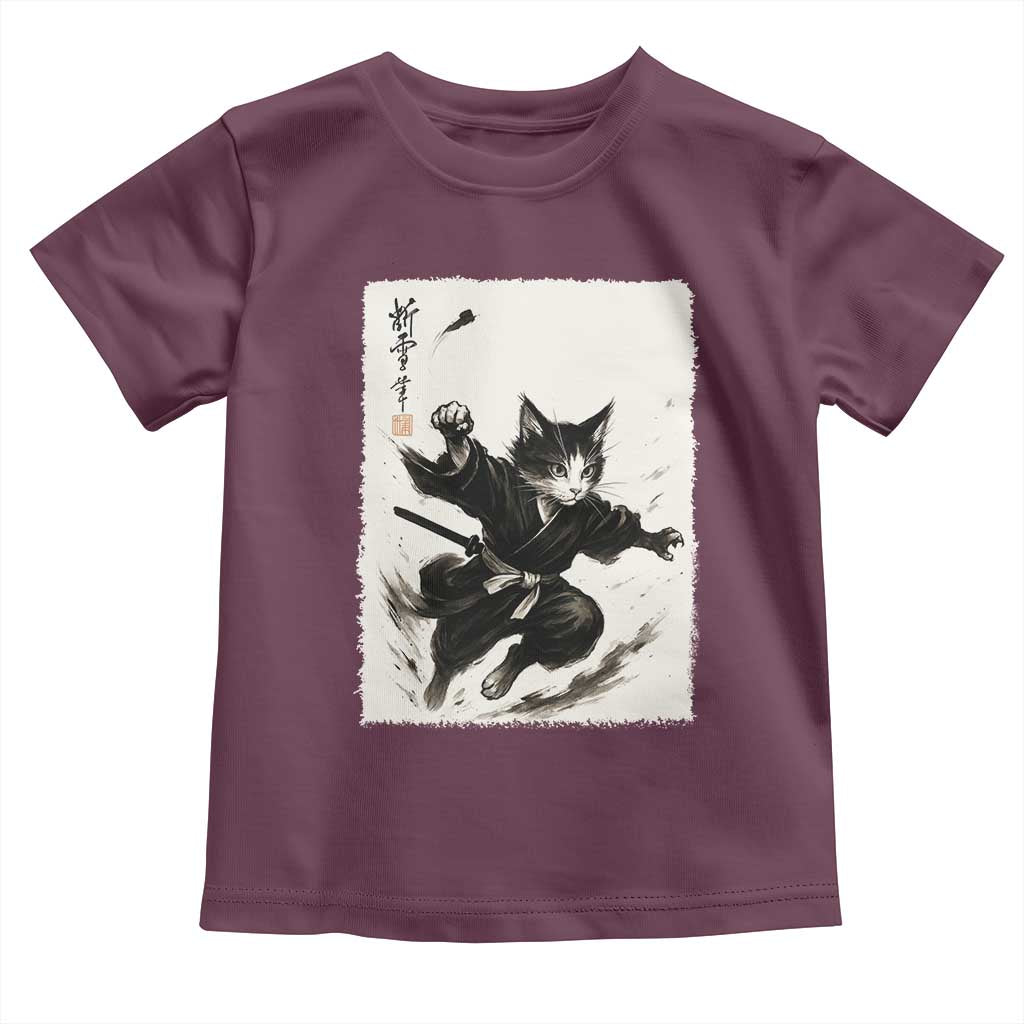 Samurai Cat Toddler T Shirt Japanese Sumie Cat Warrior Art TS12 Maroon Print Your Wear