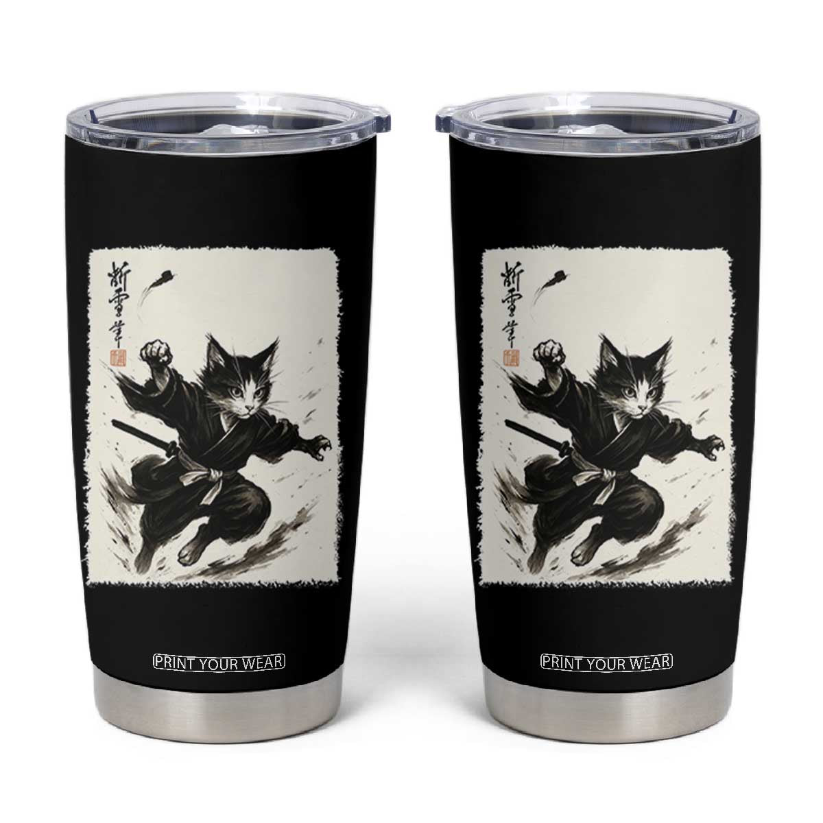 Samurai Cat Tumbler Cup Japanese Sumie Cat Warrior Art TS12 Black Print Your Wear