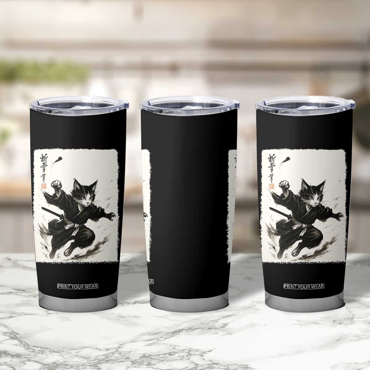 Samurai Cat Tumbler Cup Japanese Sumie Cat Warrior Art TS12 Print Your Wear