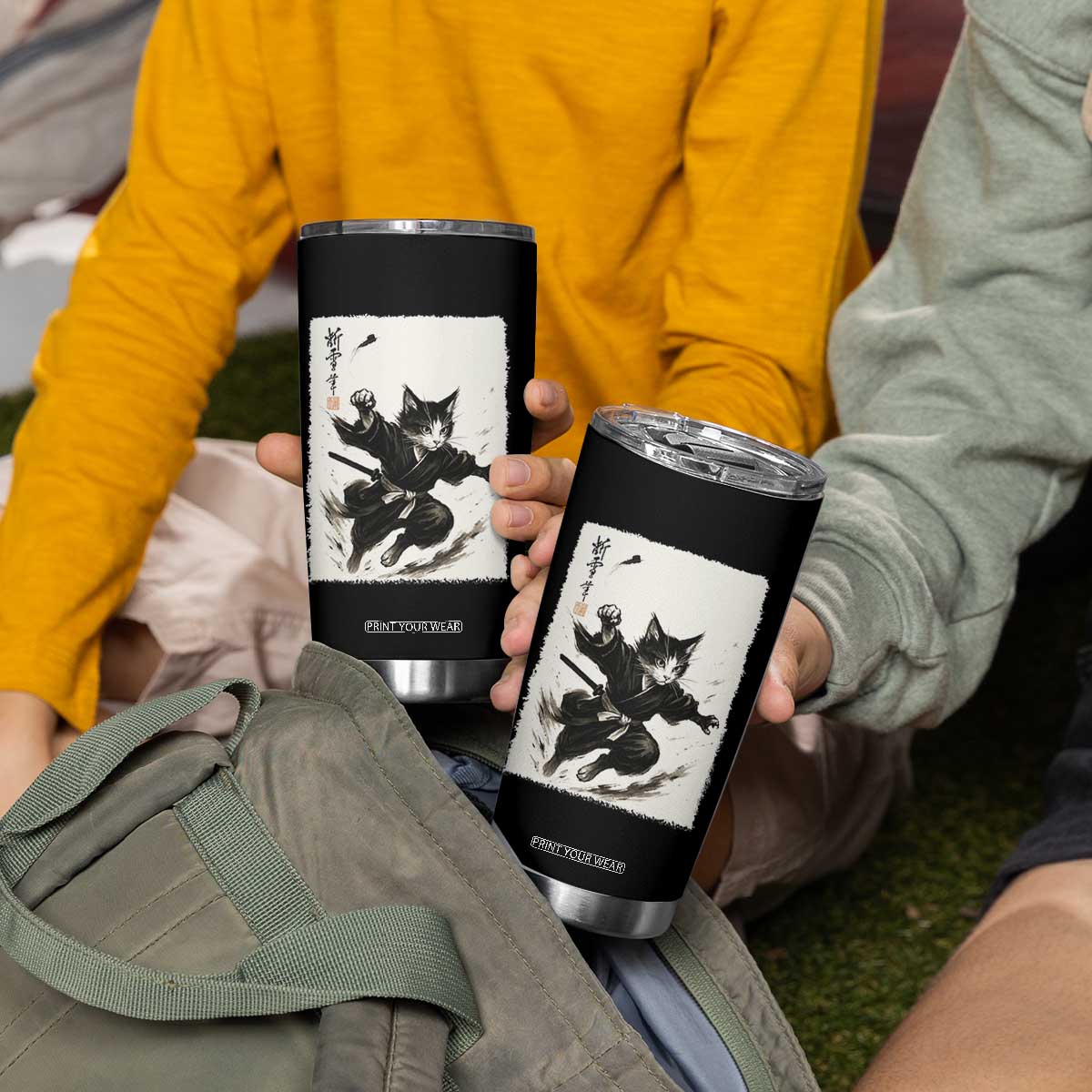 Samurai Cat Tumbler Cup Japanese Sumie Cat Warrior Art TS12 Print Your Wear