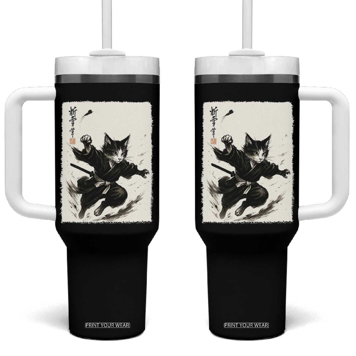 Samurai Cat Tumbler With Handle Japanese Sumie Cat Warrior Art TS12 One Size: 40 oz Black Print Your Wear